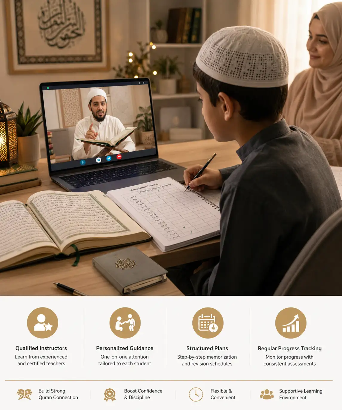 A young boy attending Quran Memorization (Hifz) Classes Online with a live tutor on a laptop while his mother supports his learning at home.