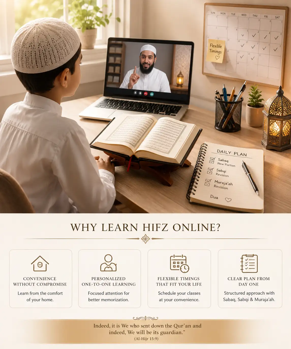 Young boy learning Quran memorization online with a teacher on a laptop, alongside a structured Hifz study plan including Sabaq, Sabqi, and Muraja'ah.