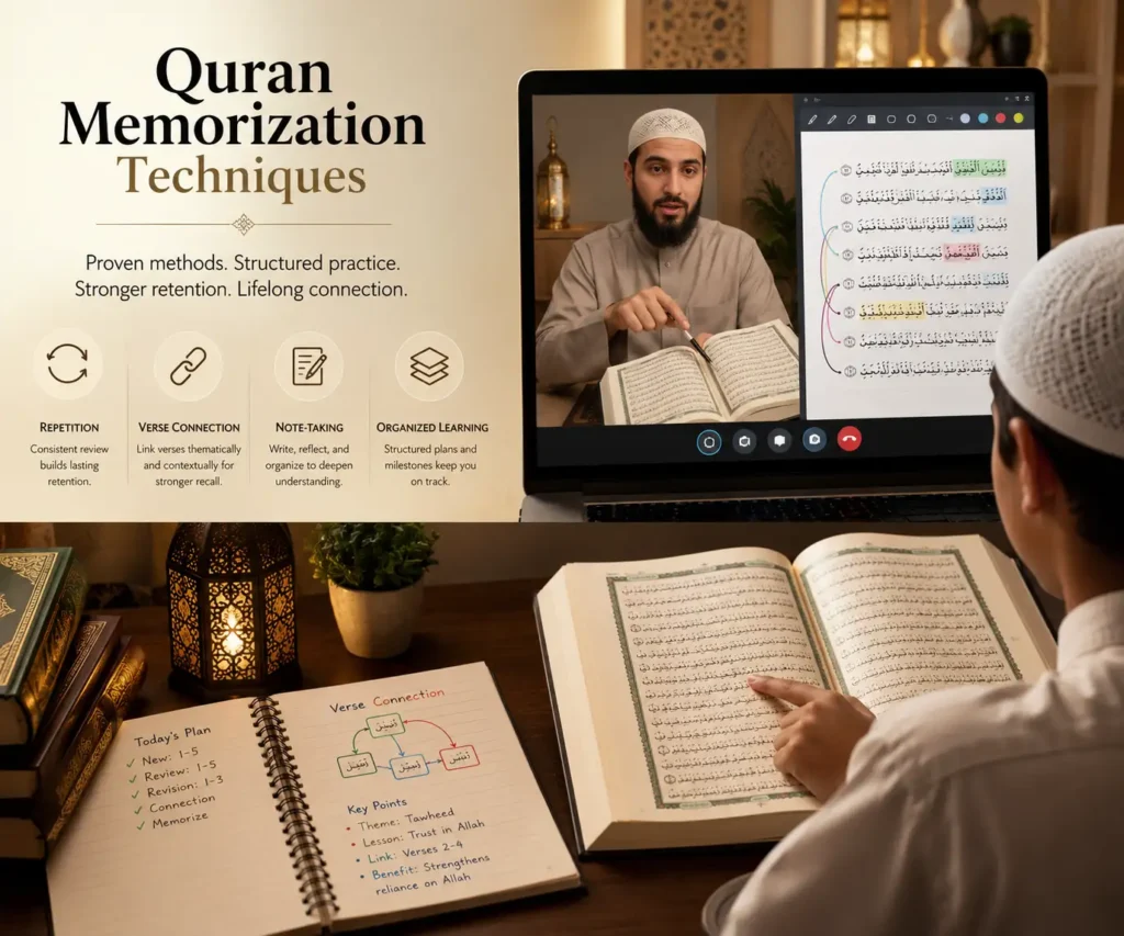 A student and online tutor practicing Quran memorization techniques including repetition, verse connection, note-taking, and organized learning.