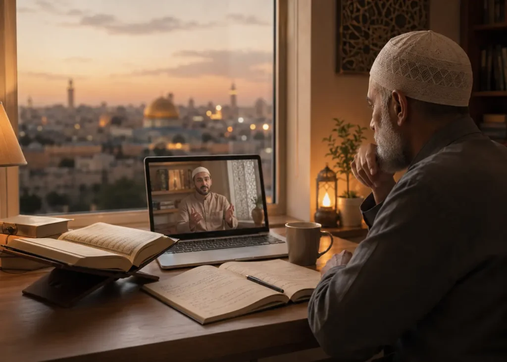 Quran translation and Tafseer online class Chicago with expert teacher explaining meanings and interpretation of Quranic verses in live virtual session