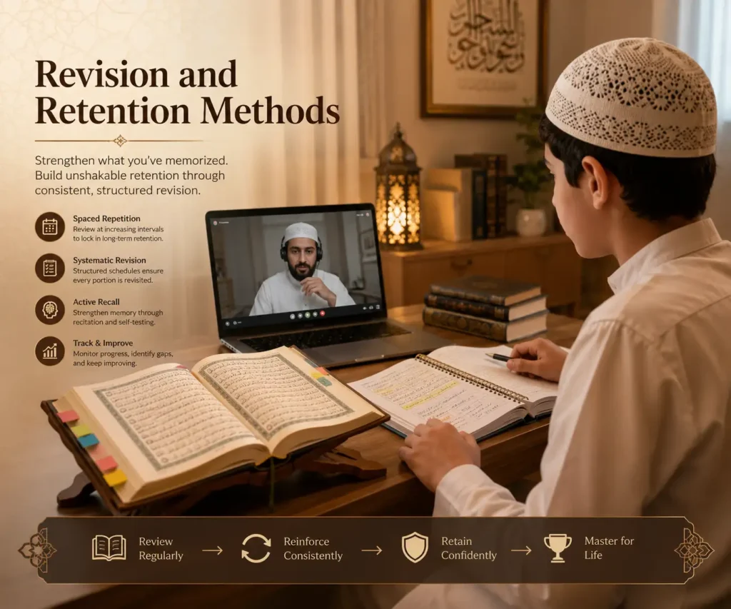 Young boy revising the Holy Quran online with a tutor on a laptop while learning Hifz revision and retention methods.