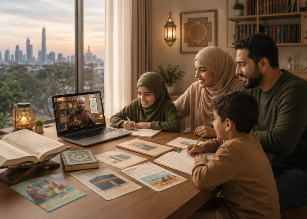 Islamic Studies online class Chicago with teacher explaining Islamic teachings, beliefs, and history in a live virtual classroom