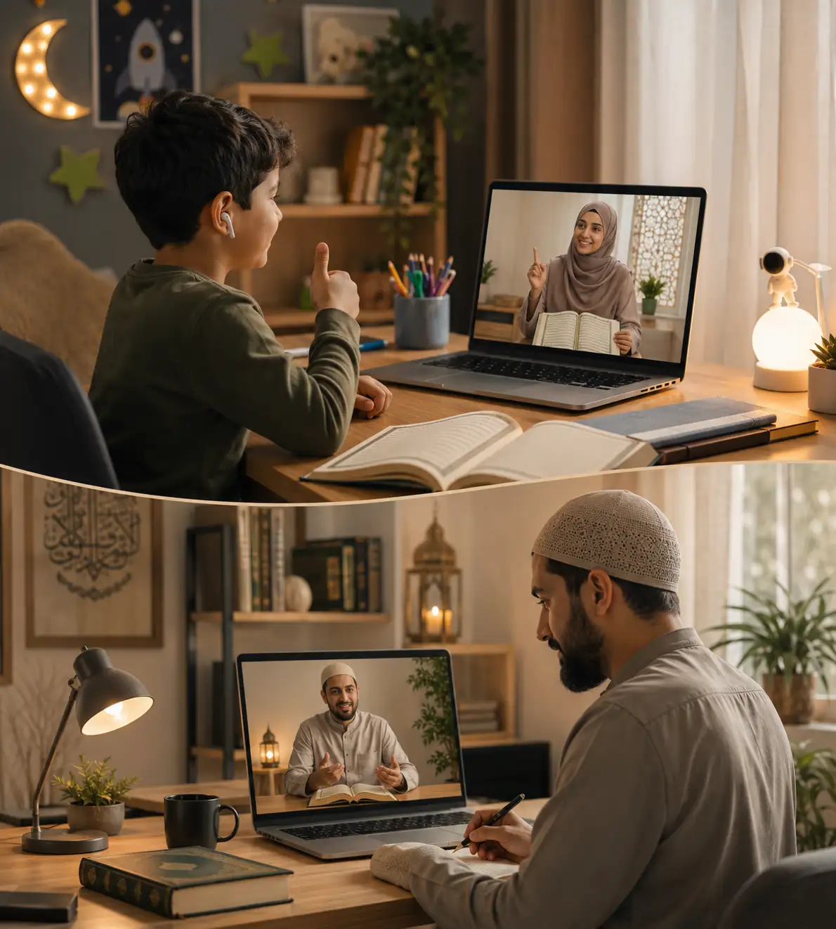 Student attending One on one Quran classes online with a certified Quran teacher through a live virtual learning session
