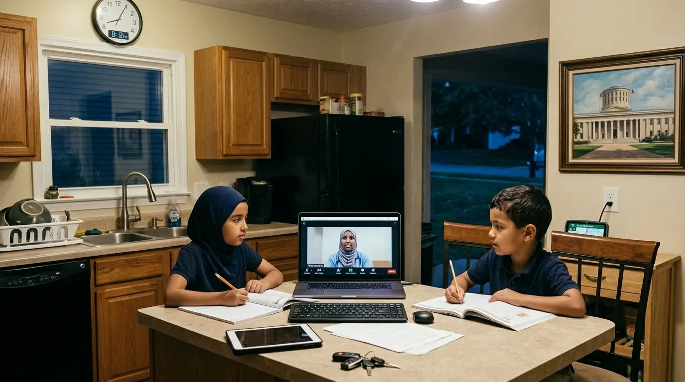 Family participating in Online Quran Classes Georgia at home, attending a live virtual Quran lesson with a qualified teacher through video conferencing.