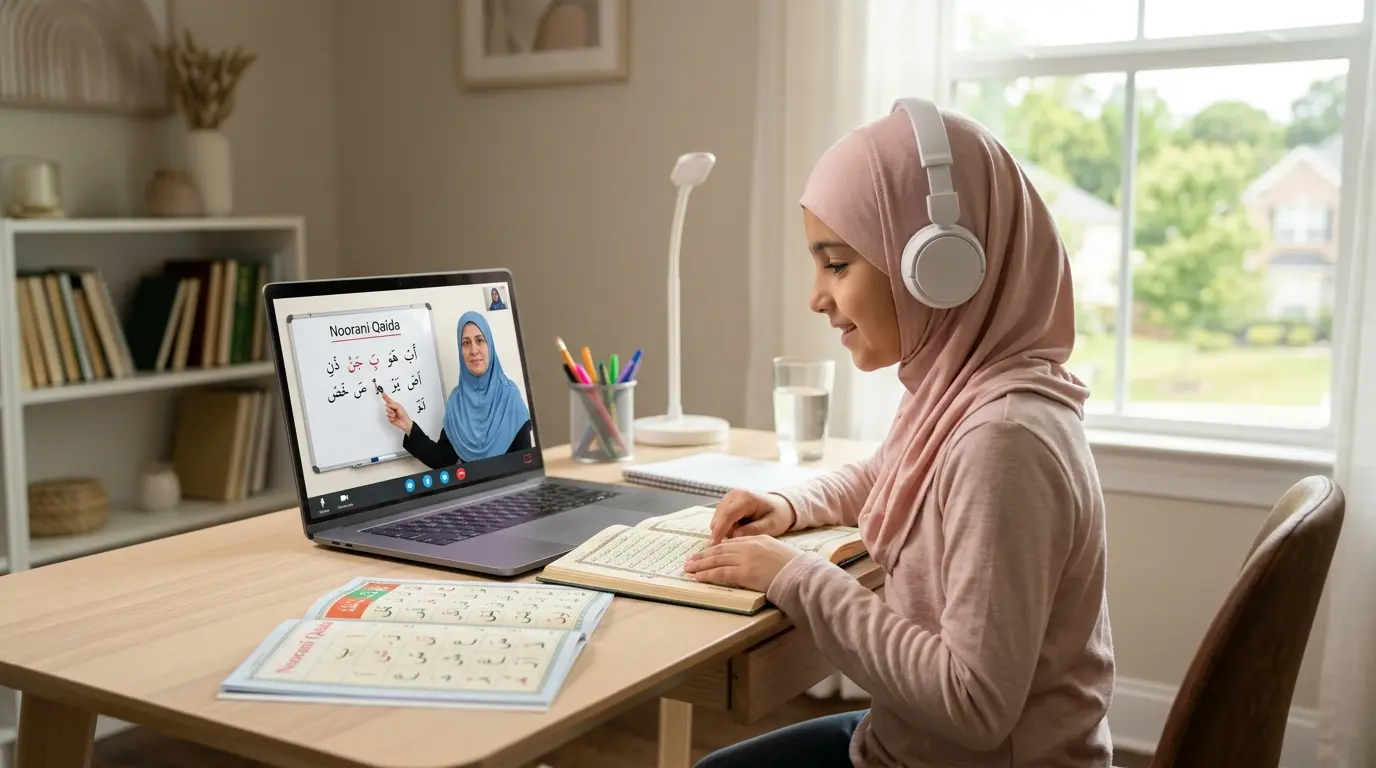 Young child attending Online Quran Classes Georgia from home, learning Quran recitation and basic Islamic studies through a live online lesson.