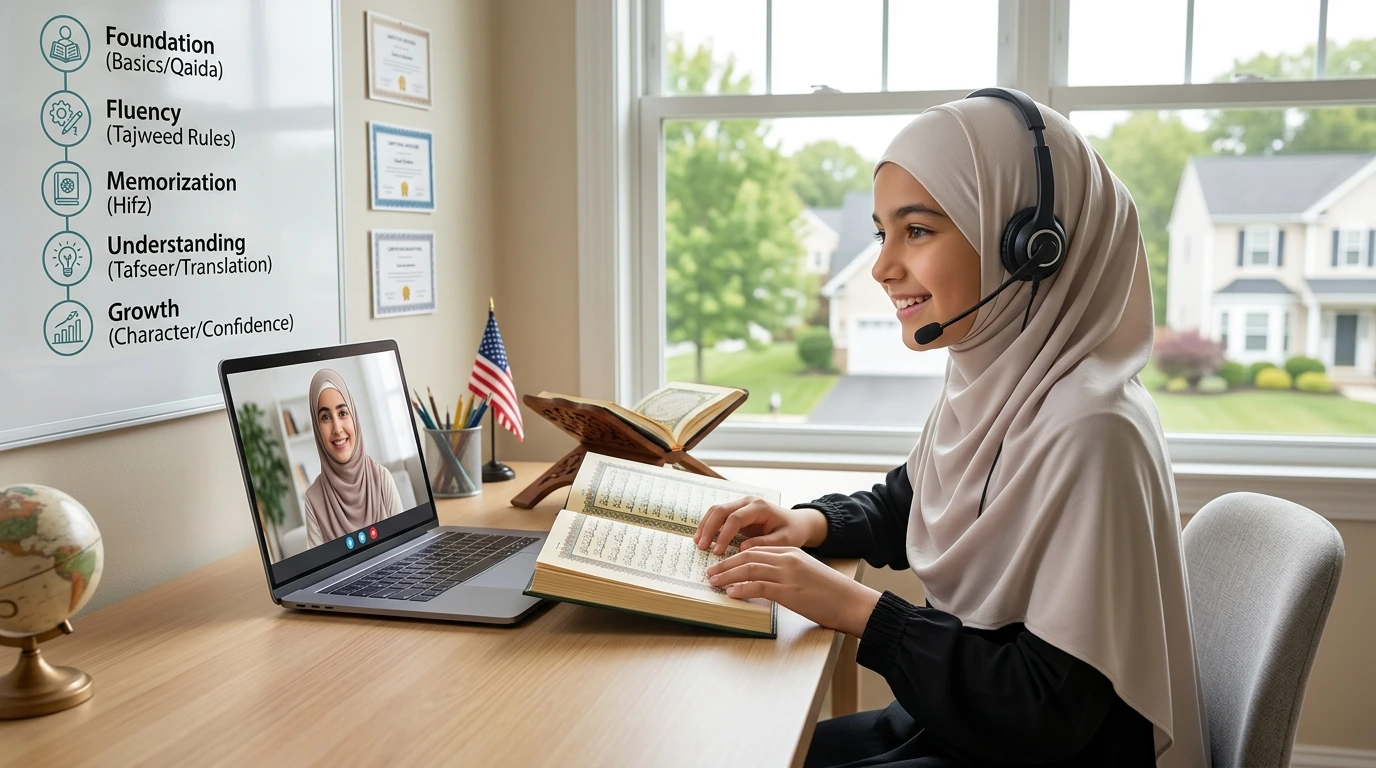 Teen student attending Online Quran Classes in the USA from home