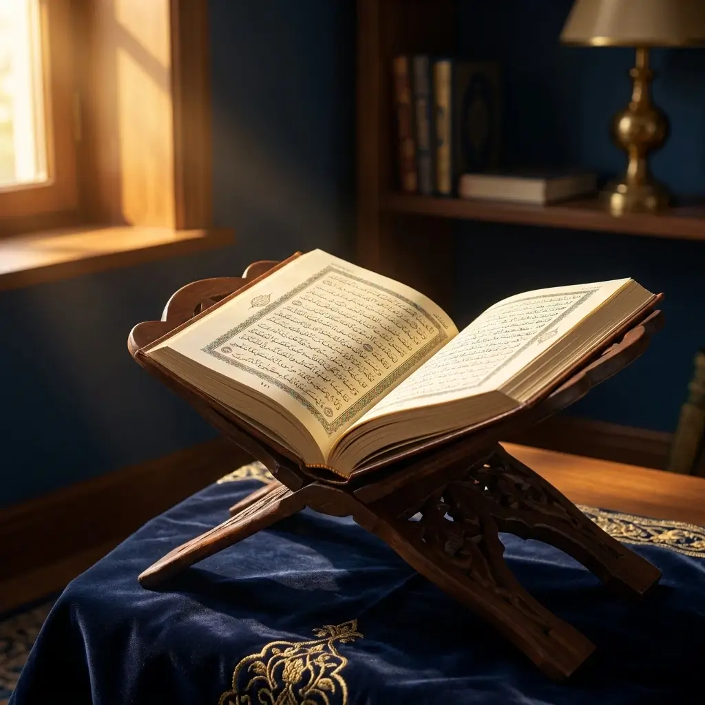 Open Quran on wooden Rehal with golden sunlight, representing the difference between Quran recitation and Tajweed.