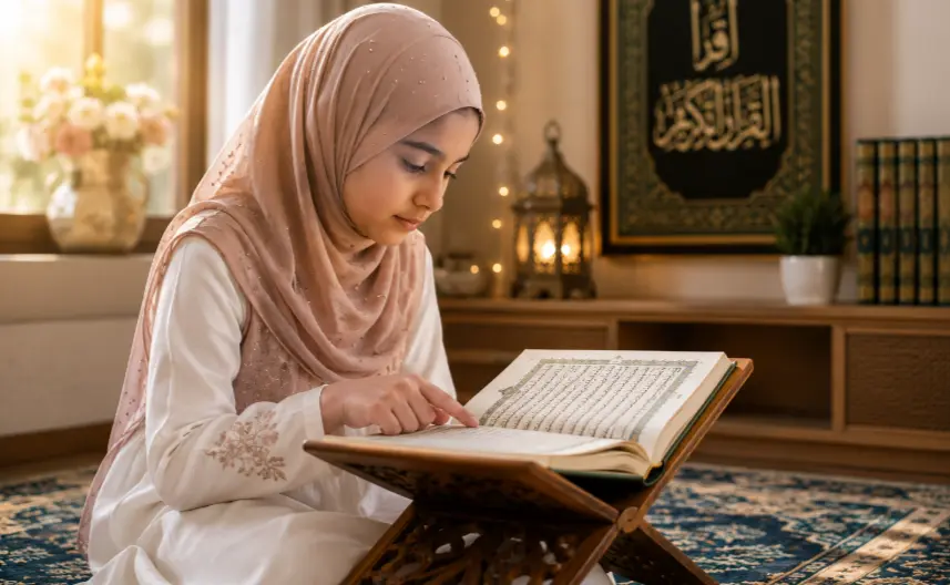 How memorize Quran online with a young Muslim girl reading the Holy Quran during a structured Hifz learning session