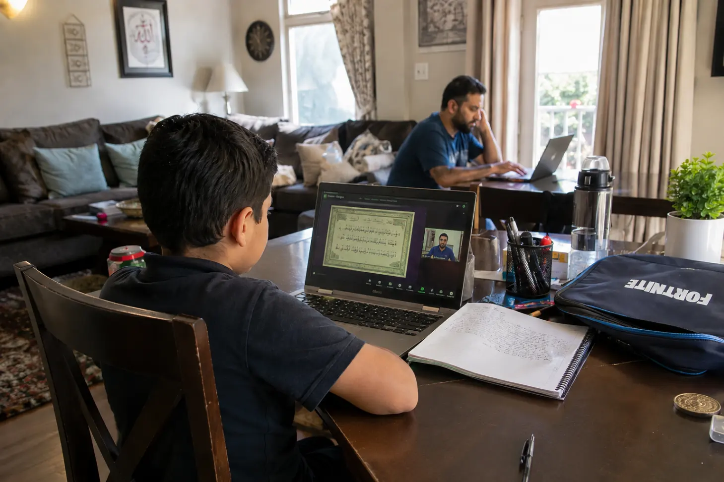 muslim child learning quran online at home with parent nearby in usa