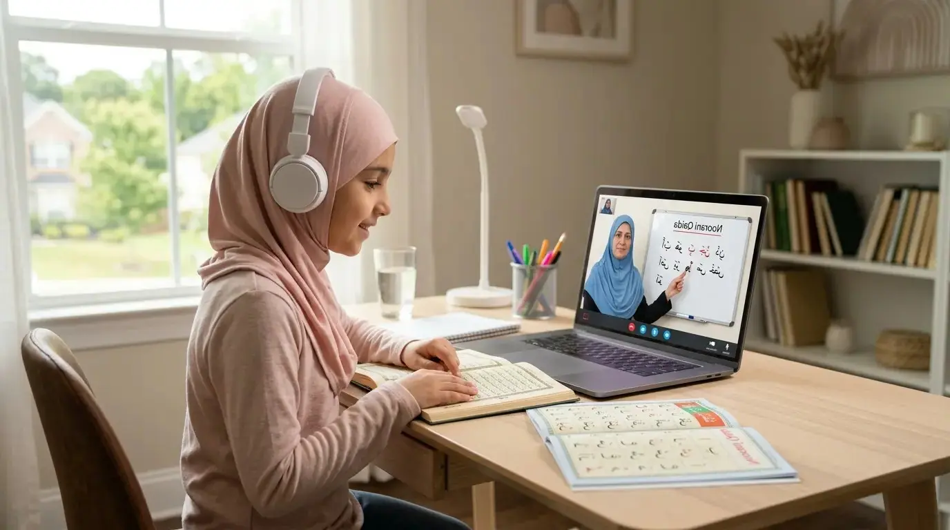 Young student attending Online Quran Classes OHIO from home, learning Quran recitation and Islamic studies through a live one-on-one virtual lesson.