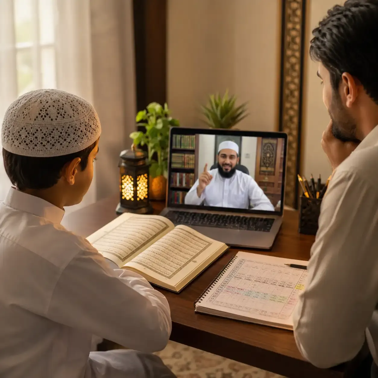 Parent and child attending Online Quran Classes Georgia through a live video session with a Quran teacher, studying Quran recitation and Islamic education from home.