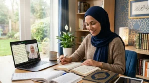 beginner's guide to the Quran for new Muslims with a woman studying online at home