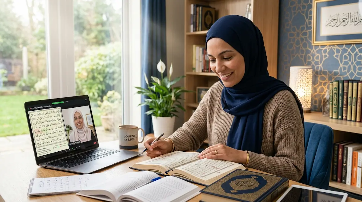 beginner's guide to the Quran for new Muslims with a woman studying online at home