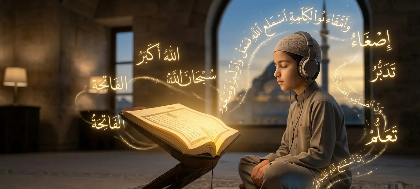 A young boy with headphones sitting peacefully, listening and practicing Quran recitation next to an open, glowing Quran.