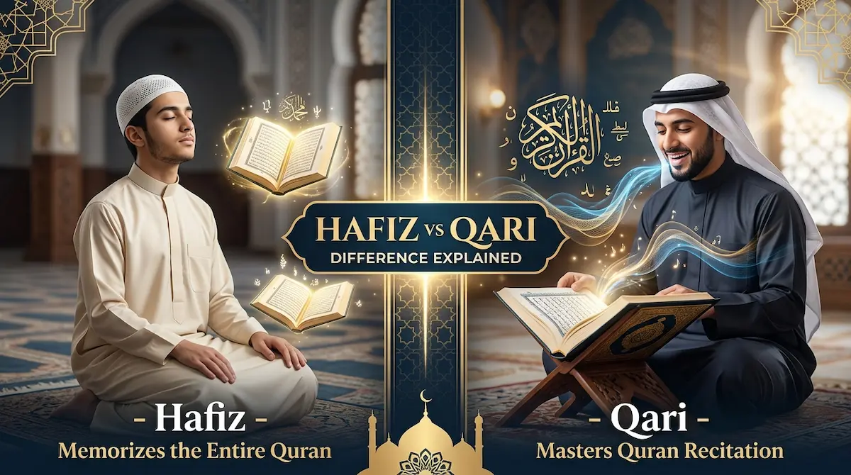 Difference between Hafiz and Qari showing Quran memorization versus Quran recitation with Tajweed in Islamic education.
