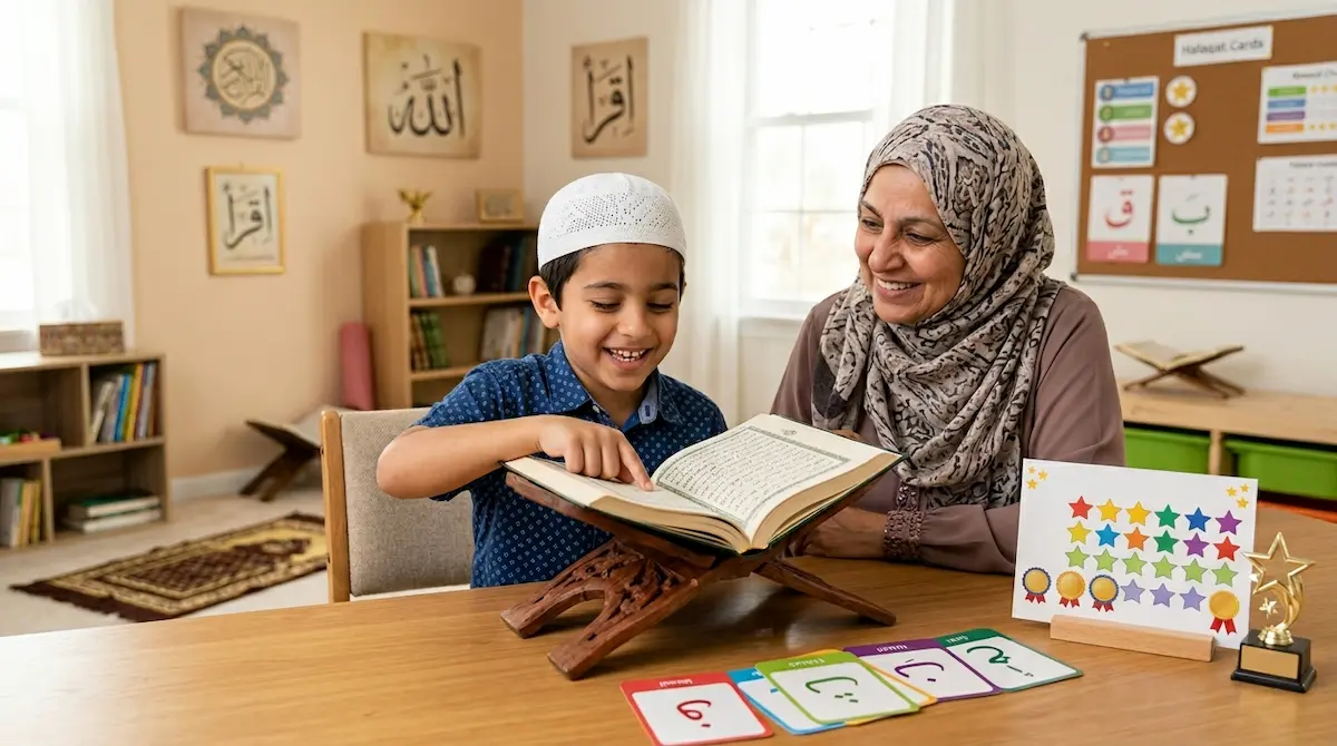 keep kids motivated during Quran lessons with a female teacher and young boy reading Quran together