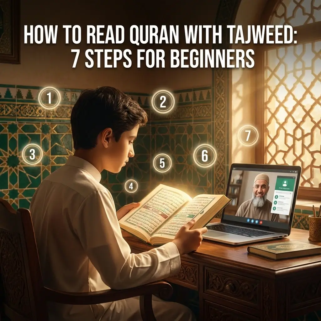 Young student reading Quran with Tajweed during live online class with teacher.