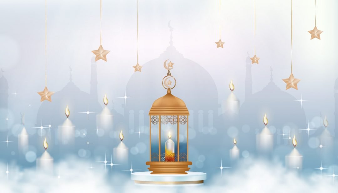 Islamic greeting card design featuring a traditional lantern, candle, crescent moon, and star on an elegant decorative background.