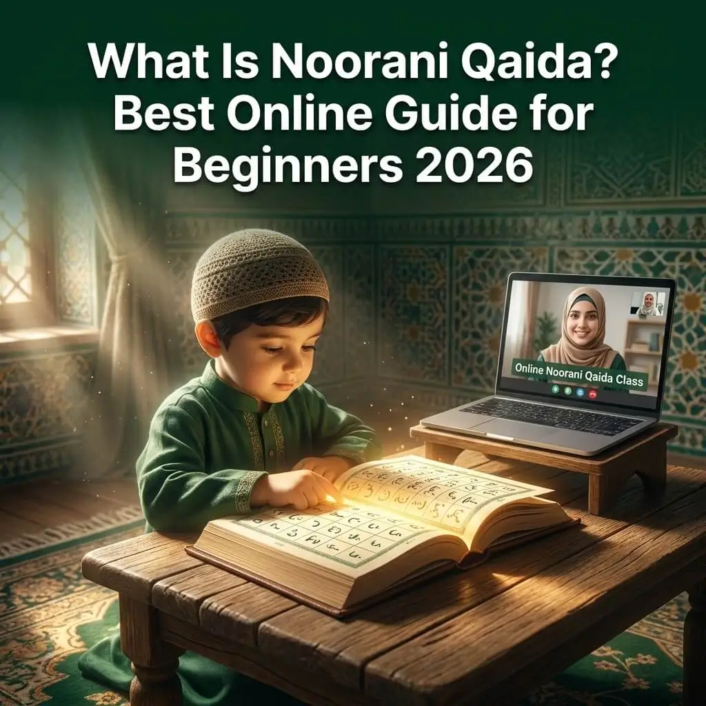 Child reading Noorani Qaida book during live online class for beginners 2026