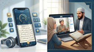 Quran learning apps vs live online classes comparison showing a Quran app on mobile and a live online Quran session with a teacher