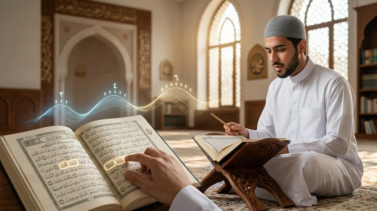 Rules of Madd in Tajweed explained with Arabic letters and Quranic examples showing vowel elongation during proper Quran recitation.