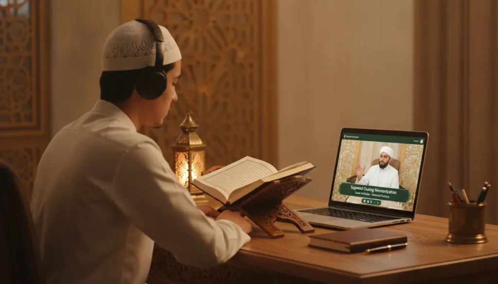 A young Muslim man wearing headphones and reading the Quran during an online Hifz class with a Tajweed teacher on his laptop screen.