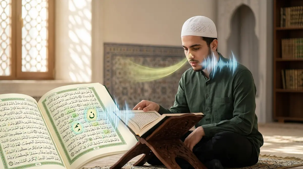 Ghunna in Tajweed illustrated with Arabic letters Noon and Meem showing nasal sound pronunciation rules and Quran recitation examples.