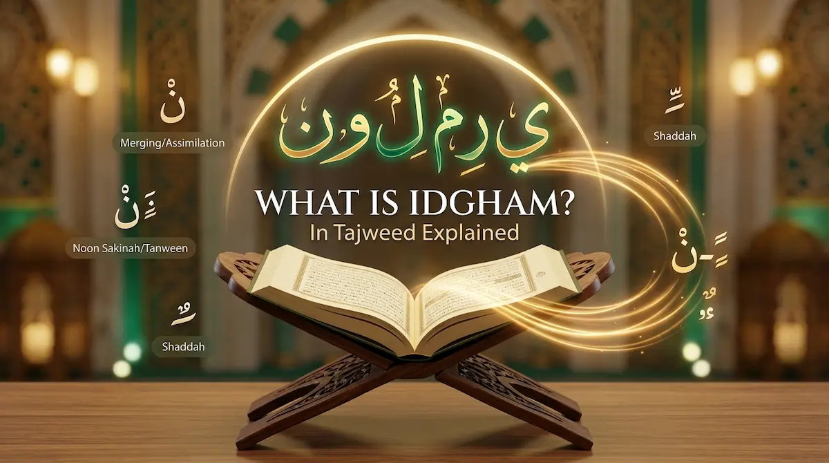 Idgham in Tajweed explained with Arabic letters and Quranic examples demonstrating the merging of sounds during proper Quran recitation.